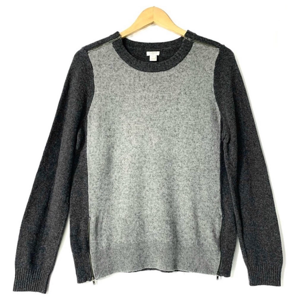 J. Crew Wool Blend Zipper Hem Two Tone Gray Crew Neck Sweater L